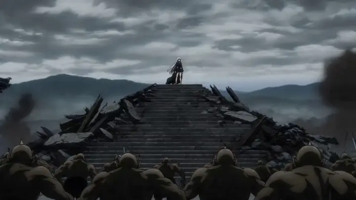 Manga-style battle shot with energy effects on a dark temple staircase