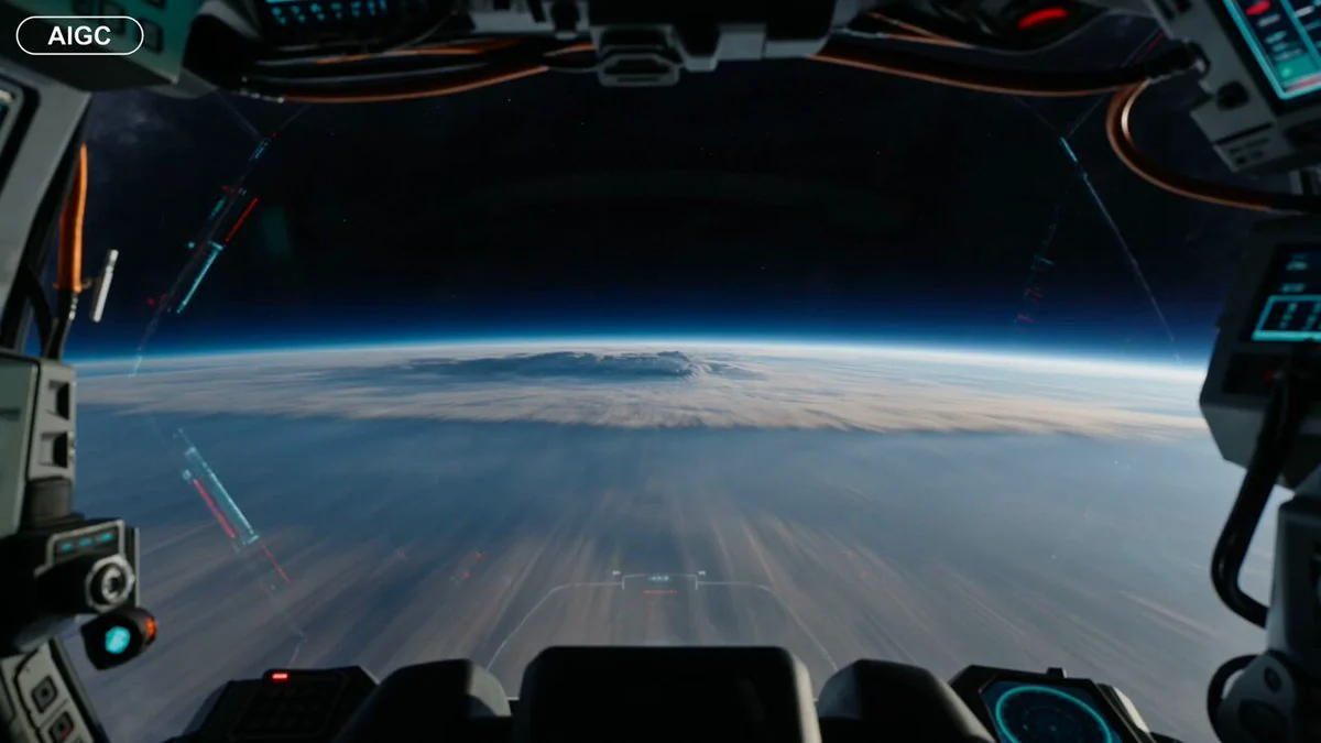 Seedance 2.0 video preview showing first-person spaceship cockpit flight