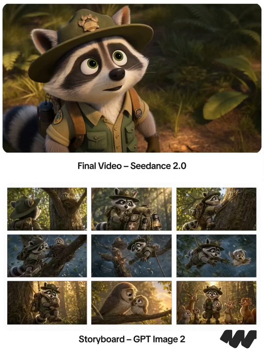 Seedance 2.0 video preview showing forest ranger 3d storyboard