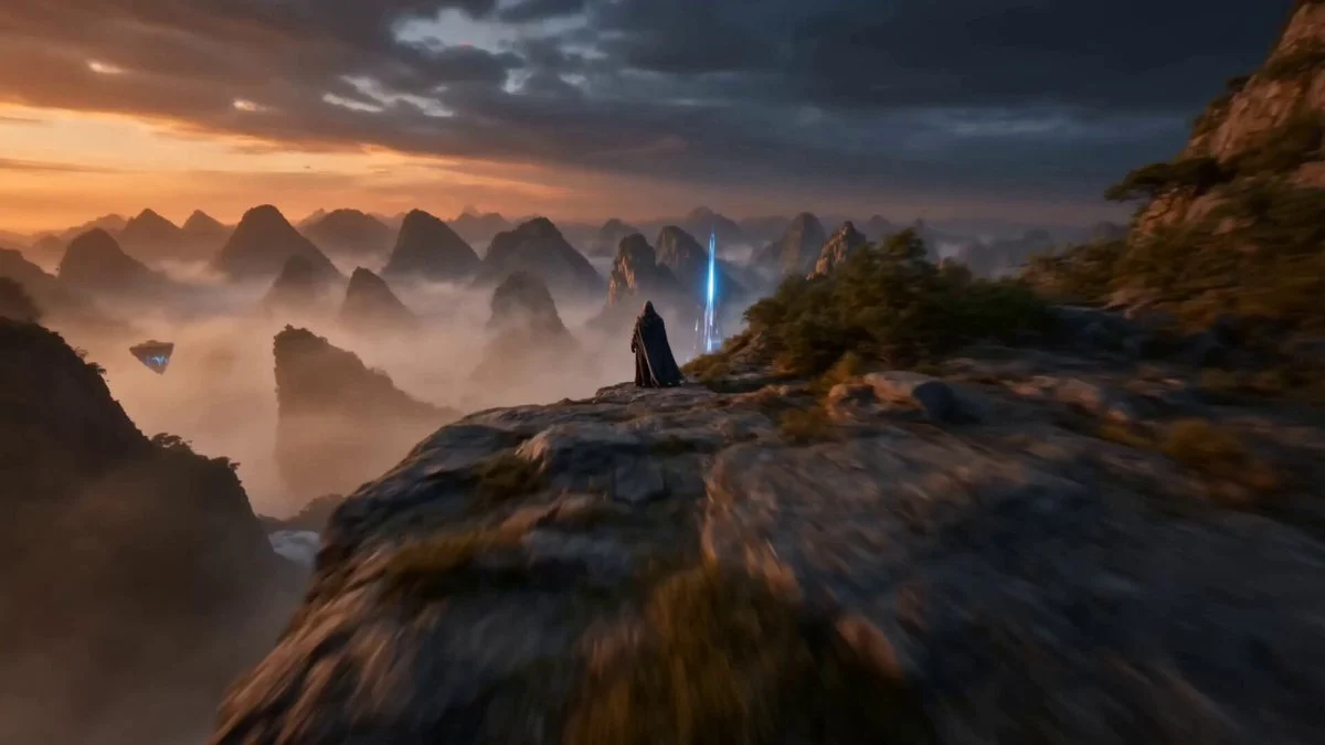 First-person drone flight sweeps through a fantasy kingdom