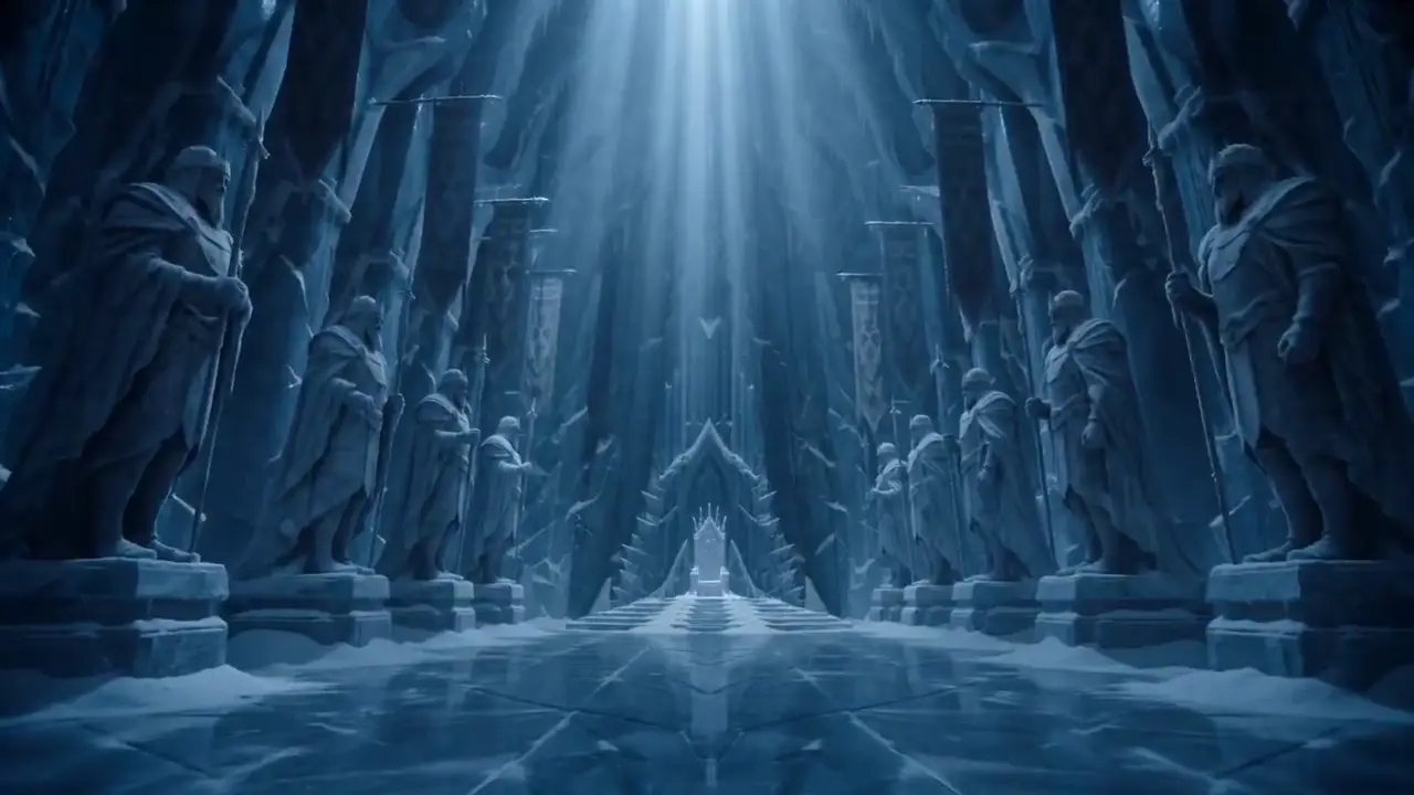 Traveler carries a glowing crystal torch through an ancient ice kingdom