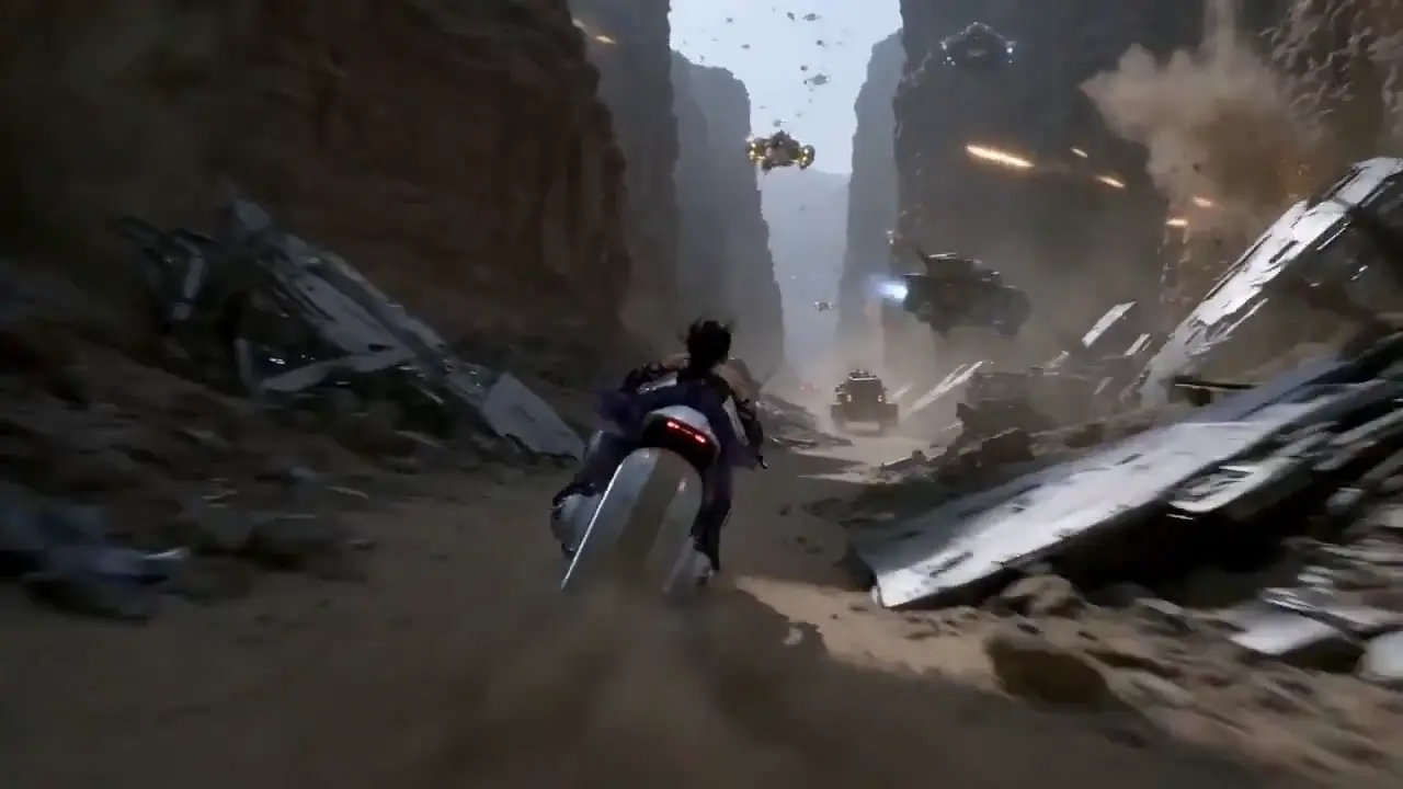 Futuristic motorcycle races through a desert starport battlefield