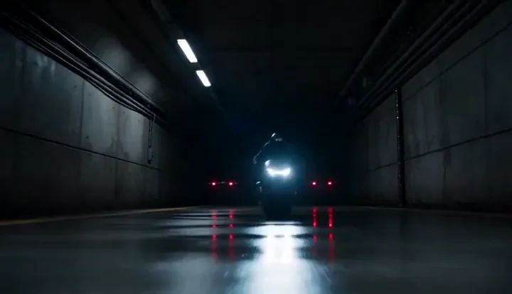 Helmeted rider races through a futuristic subway tunnel while drones pursue