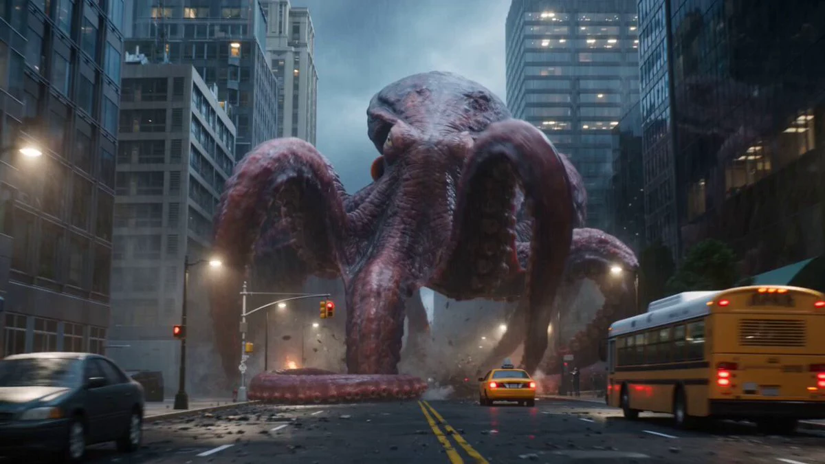 Seedance 2.0 video preview showing giant octopus kaiju rampage