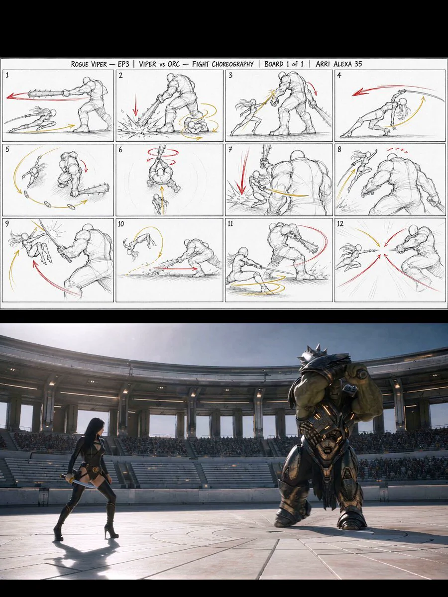 Seedance 2.0 video preview showing gladiator arena duel action