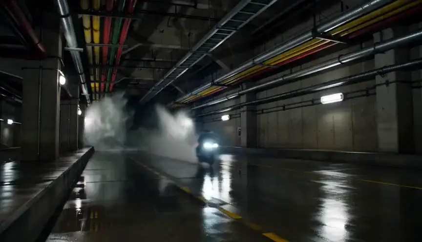 Motorcyclist escapes a flash flood inside an underground tunnel
