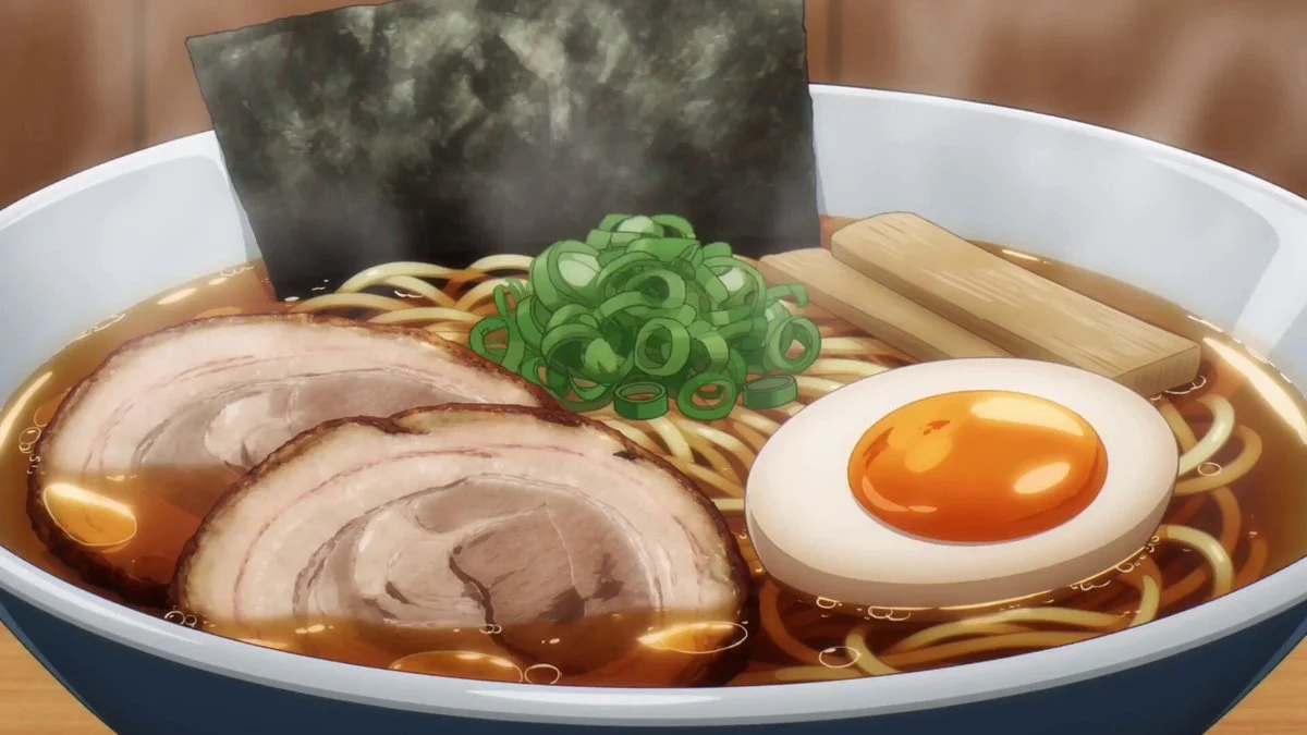 Anime chef prepares ramen through fast close-up cooking shots