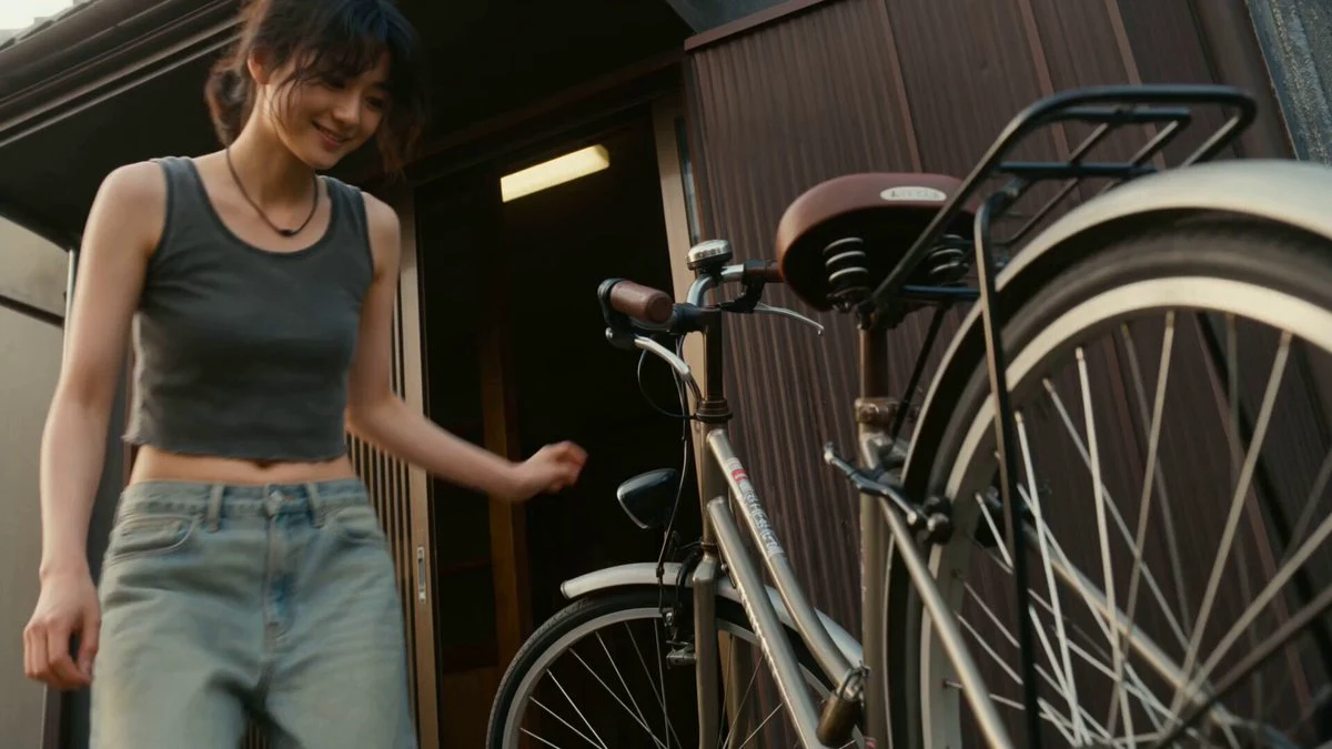Seedance 2.0 video preview showing korean woman cycling in japanese suburb