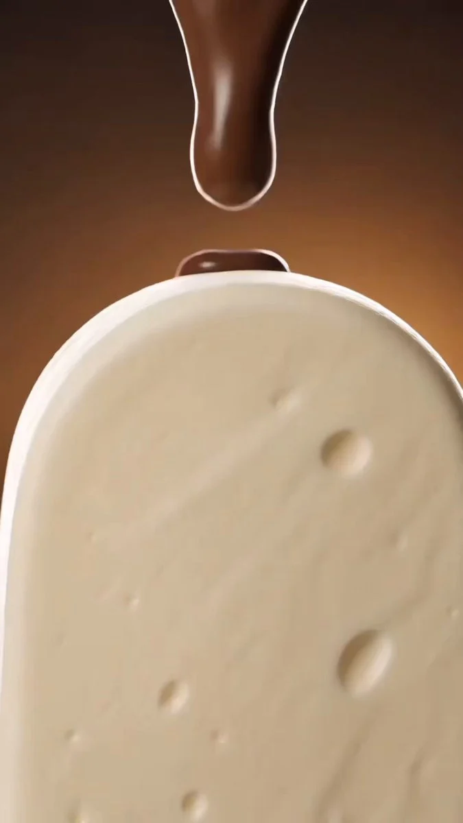 Luxury chocolate ice cream bar rotates with caramel and molten chocolate
