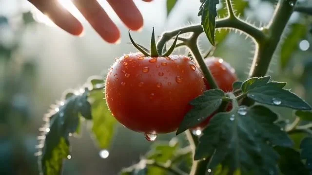 Modern rural creator harvests tomatoes and cooks in a sunlit farmhouse kitchen