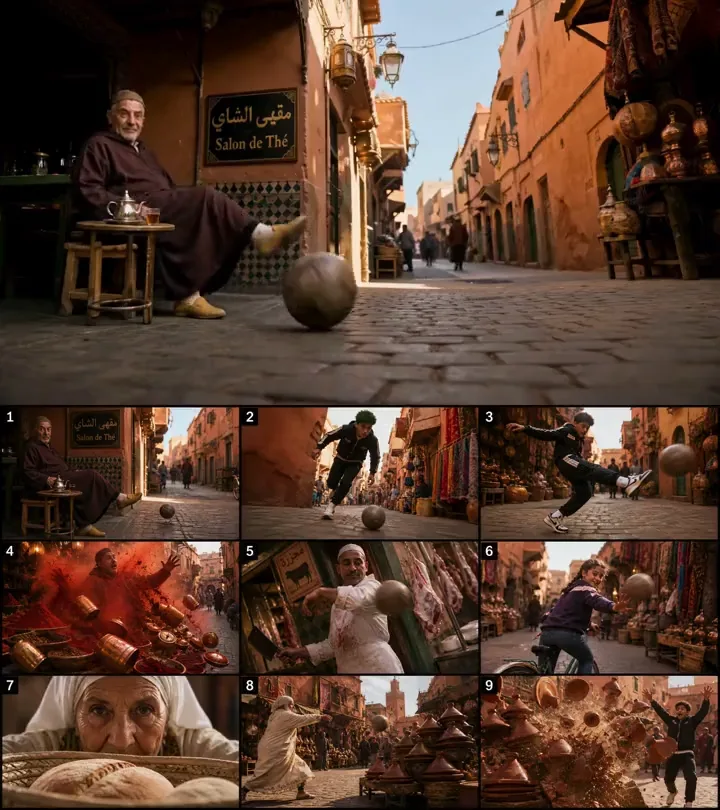 Moroccan souk football chain reaction moves through markets and rooftops