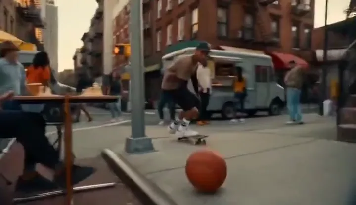 Street basketball chain reaction ends with a janitor sinking a rooftop shot