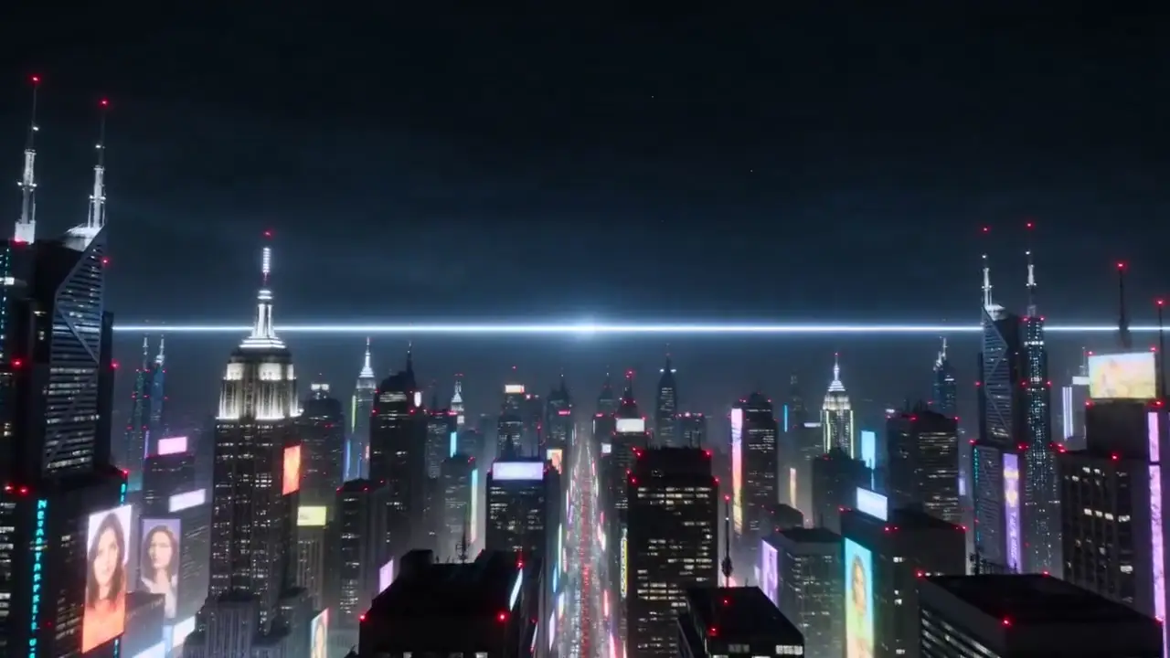 Neon megacity sky opens into an upside-down sci-fi universe