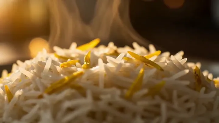 Macro food commercial showing saffron rice, chicken and steam rising from biryani