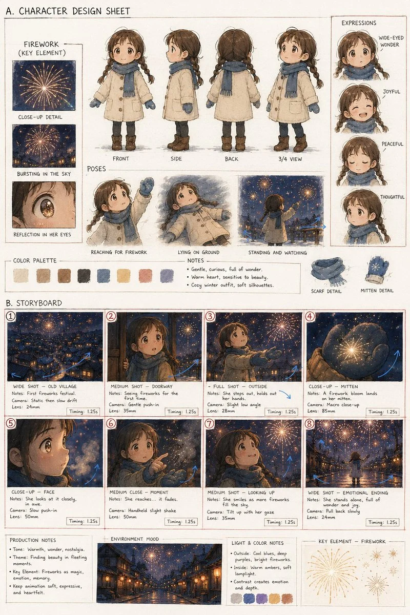 Anime storyboard board for a little girl and fireworks short film
