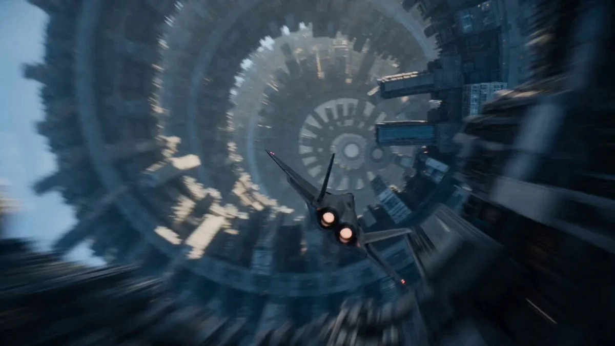 Sci-fi fighter spacecraft escapes along a vast ring world