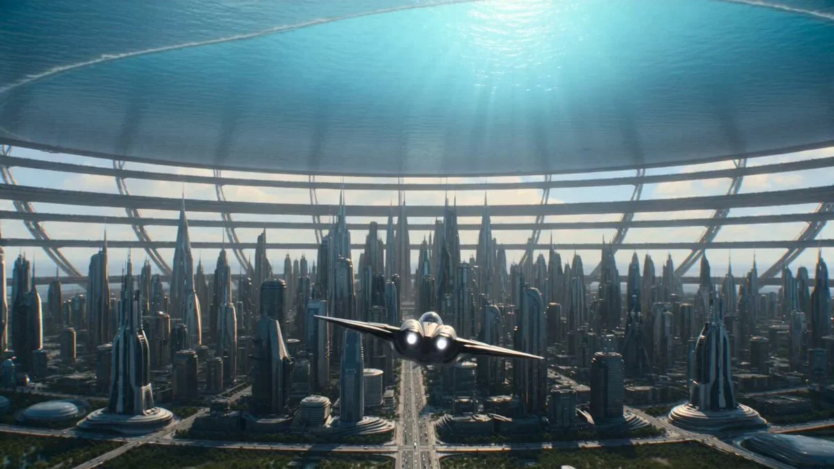 Futuristic pilot races through an orbital habitat as an ocean wall floods the city