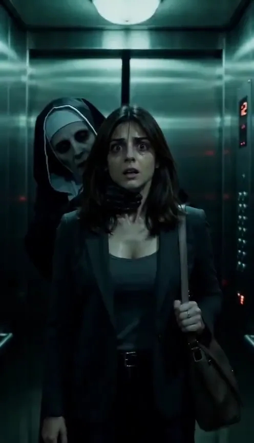 Elevator horror transformation with decayed skin and flickering lights