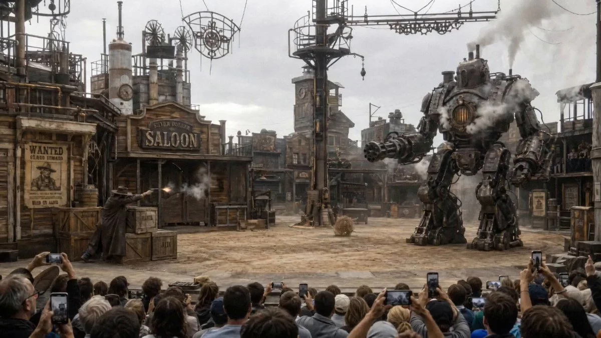 Handheld audience view of a cowboy fighting a robot on an outdoor theater stage