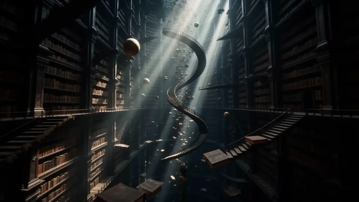 Seedance 2.0 video preview showing surreal infinite ancient library pov