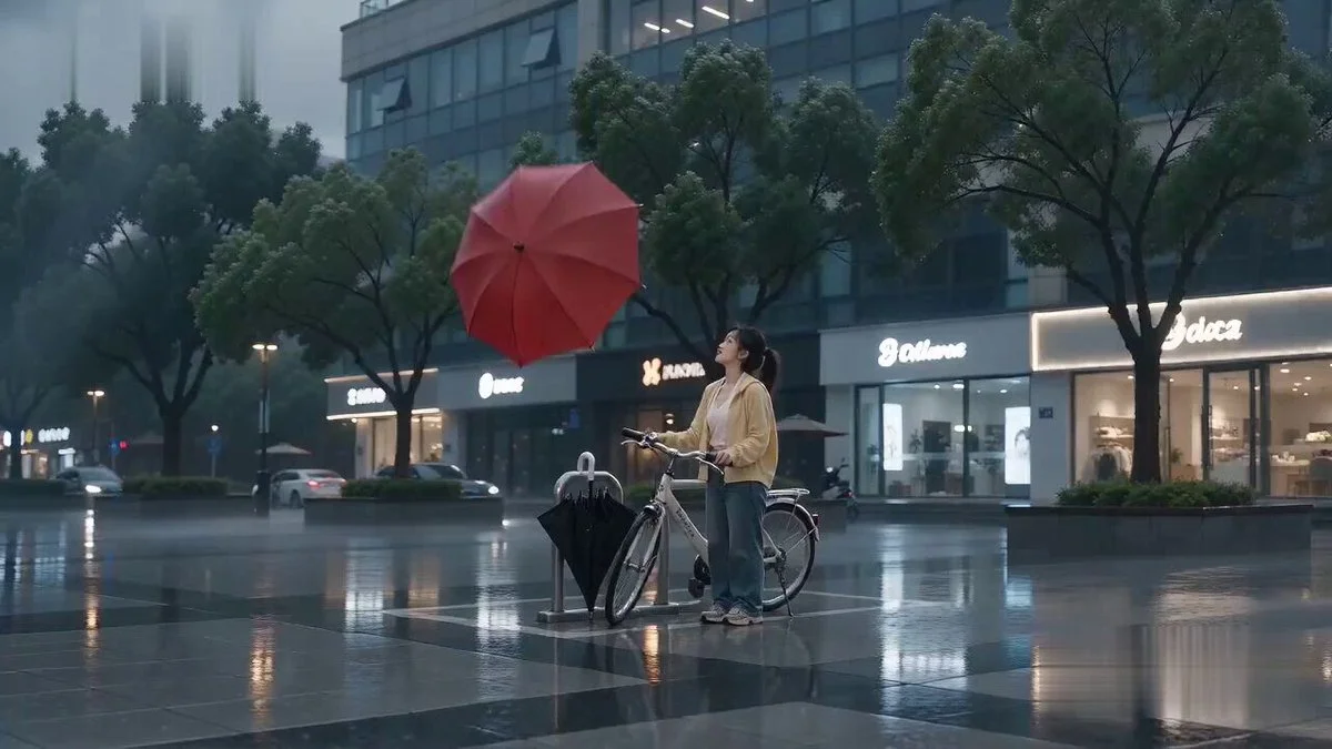 Seedance 2.0 video preview showing swordswoman umbrella rain plaza prank