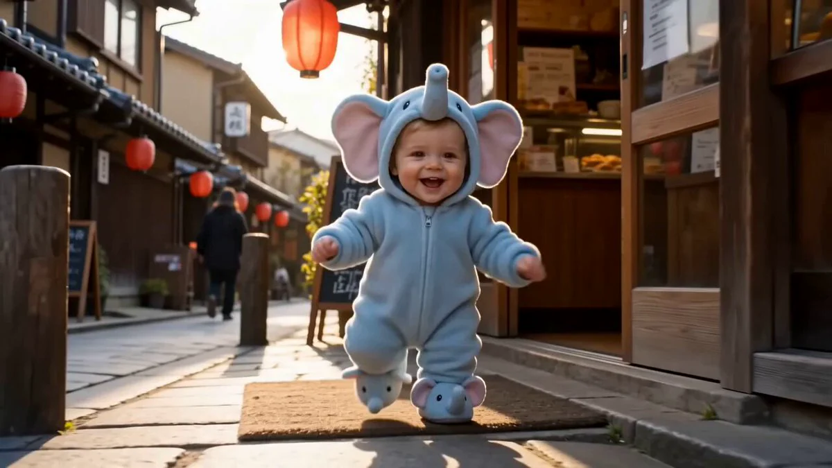 Seedance 2.0 video preview showing toddler in blue elephant onesie