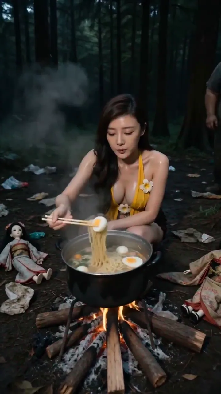 VHS-style forest mystery scene with a woman eating ramen beside a strange doll