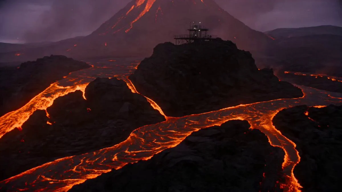 Researcher stands on a volcanic observatory platform amid lava, ash, and warning lights