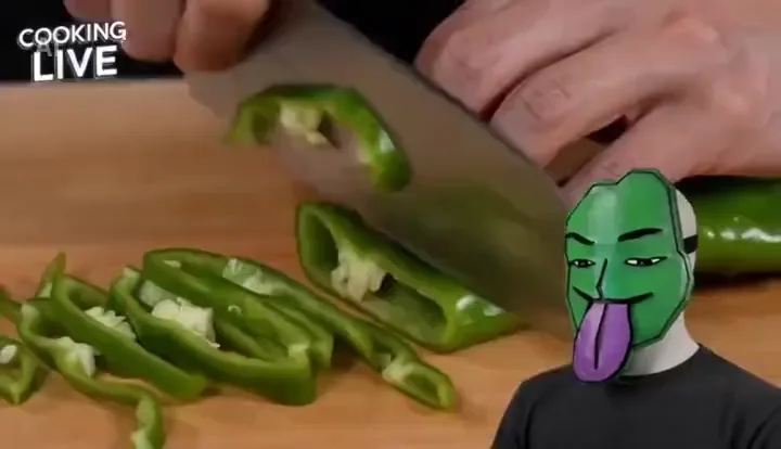 VTuber-style cooking commentary avatar overlays a pepper slicing video