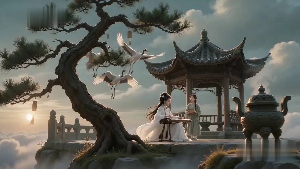 Seedance 2.0 video preview showing xianxia zither crane feeding comedy