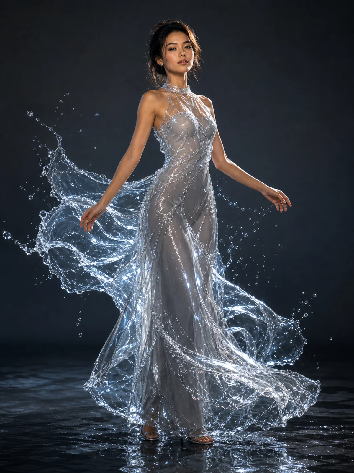 Liquid water dress material edit generated by Image 2 with Seedream 4.5
