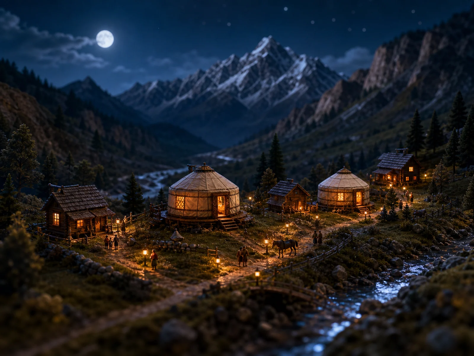 3D miniature mountain village at night generated by Image 2 with Seedream 4.5