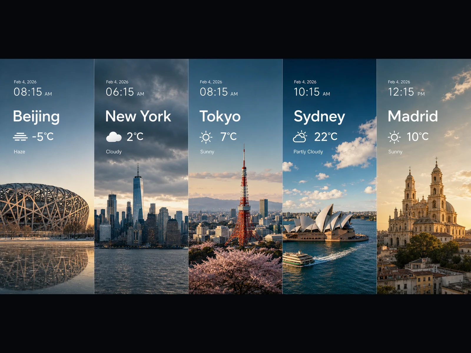 Five-city weather composite generated by Image 2 with Seedream 5.0 Lite