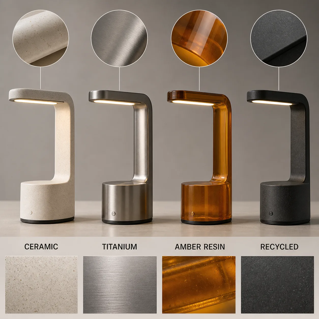 Comparaison de lampe en céramique, titane, résine ambrée et plastique recyclé