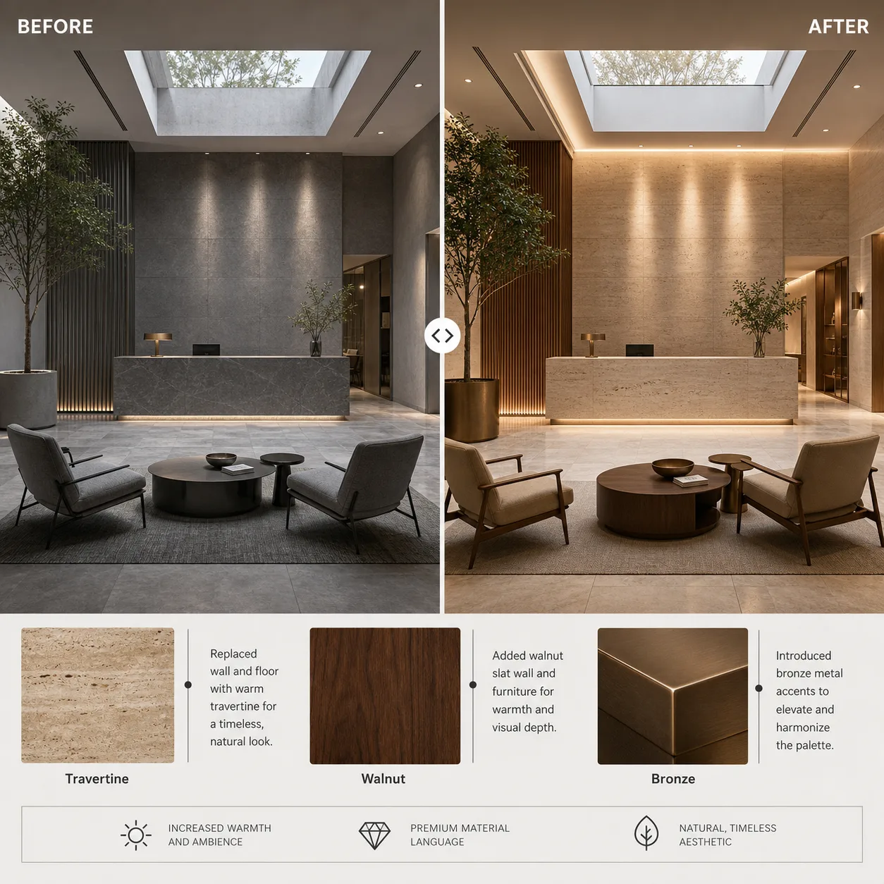 Hall d’hôtel boutique avant-après avec échantillons matière