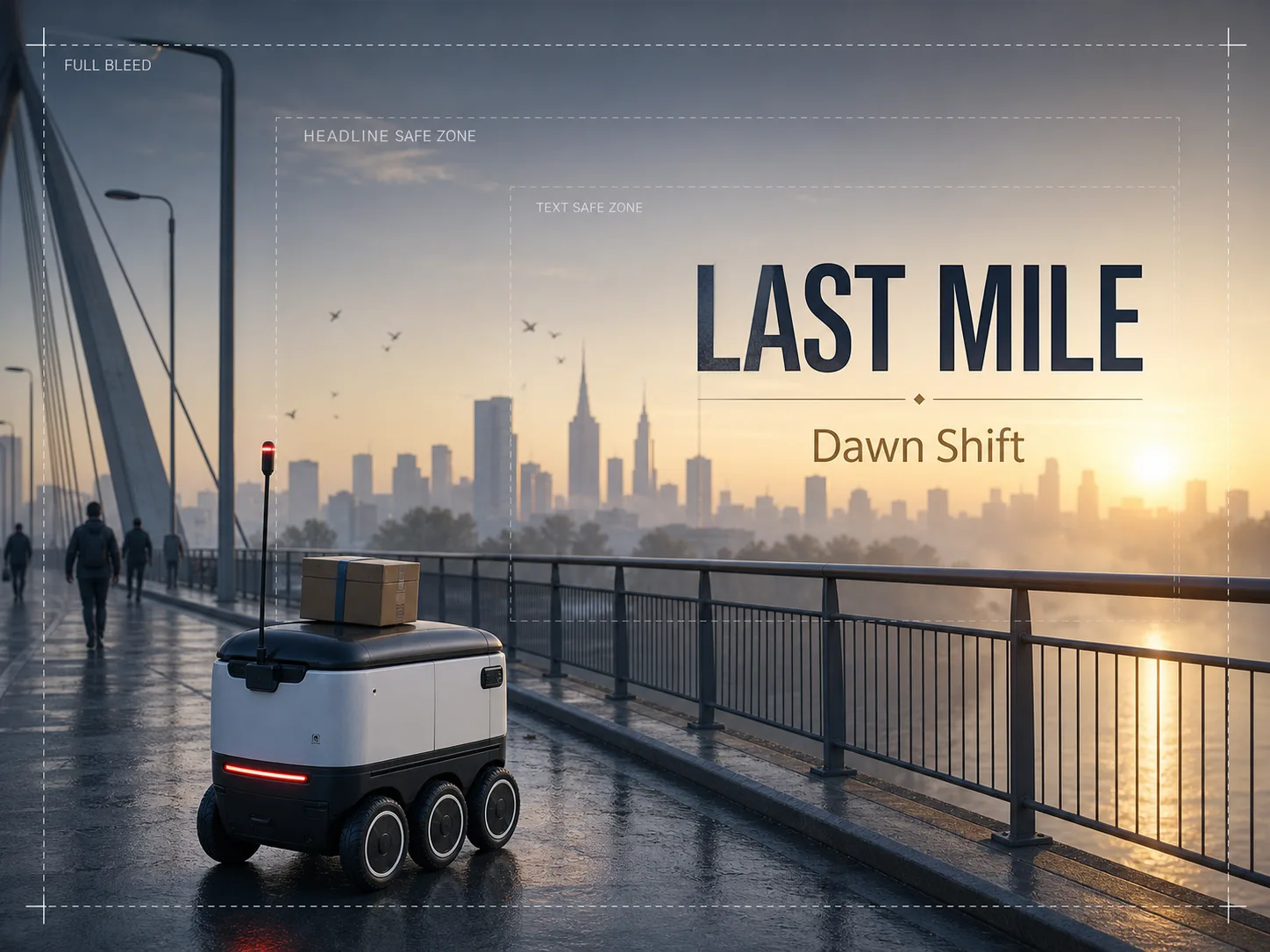 Key art cinématique d’un robot de livraison à l’aube