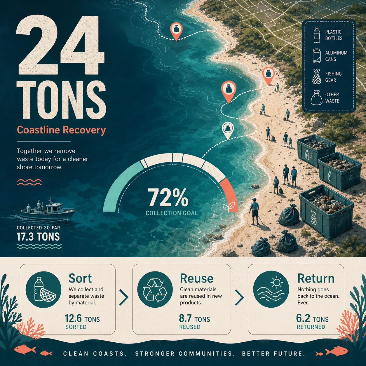 Visuel de nettoyage côtier avec carte et cartes d’impact
