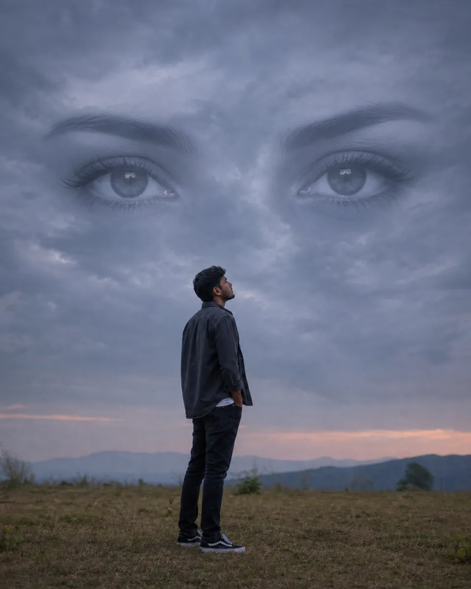 Porträt nach Anwendung des Sky Eye Prompts, mit einem natürlich in die Wolken eingeblendeten Augenpaar