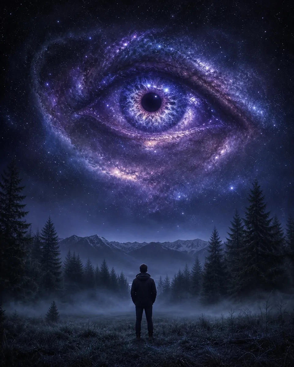 Lone figure in a pine clearing beneath a giant eye formed from a spiral galaxy