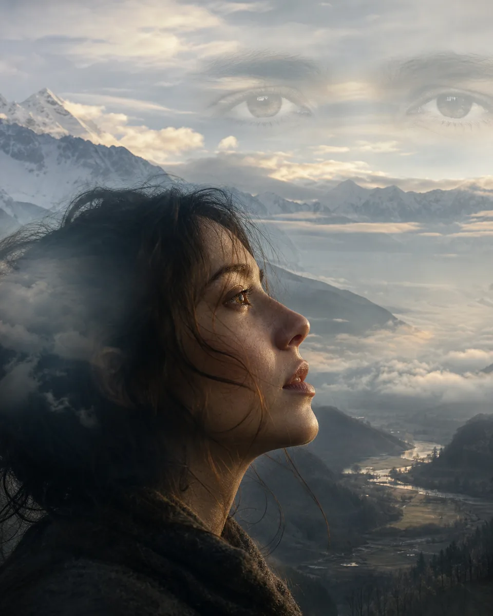 Side-profile portrait blended with mountains and faint eyes in the dawn clouds