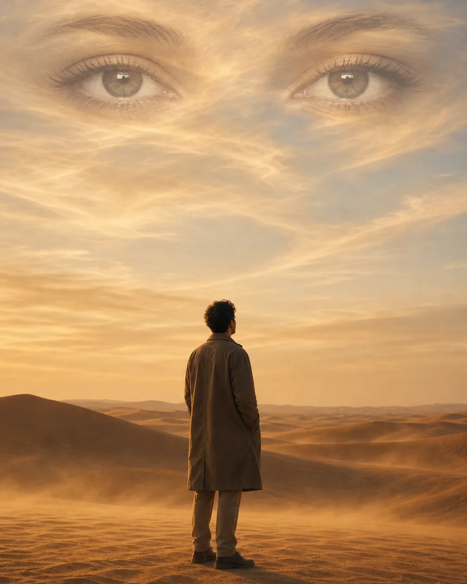 Man standing among golden dunes beneath eyes blended into a warm, windswept sky
