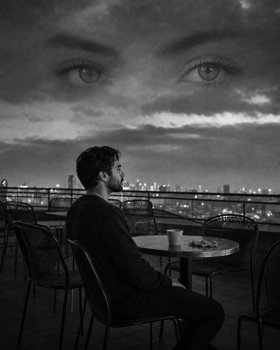 Black-and-white rooftop portrait with a seated man and eyes in the cloudy sky