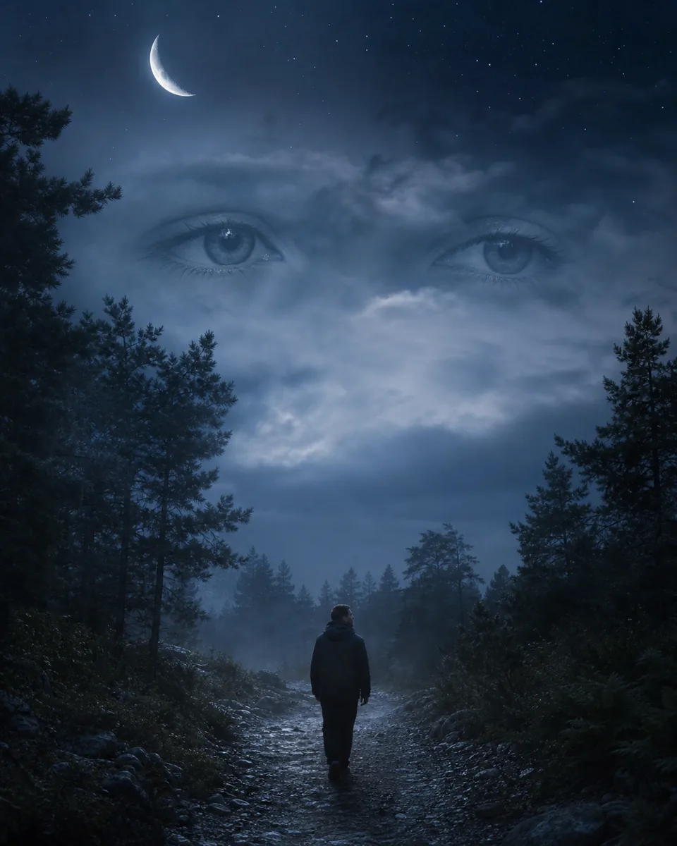 Person walking through a moonlit forest beneath softly blended eyes in the clouds