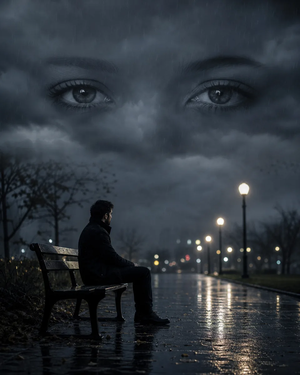 Man sitting alone on a rainy park bench beneath eyes in dark storm clouds