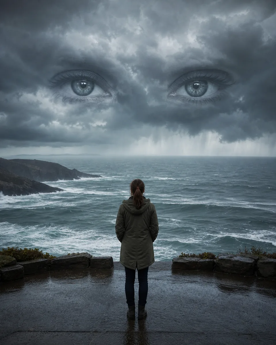 Woman facing a stormy ocean beneath a pair of eyes emerging from rain clouds