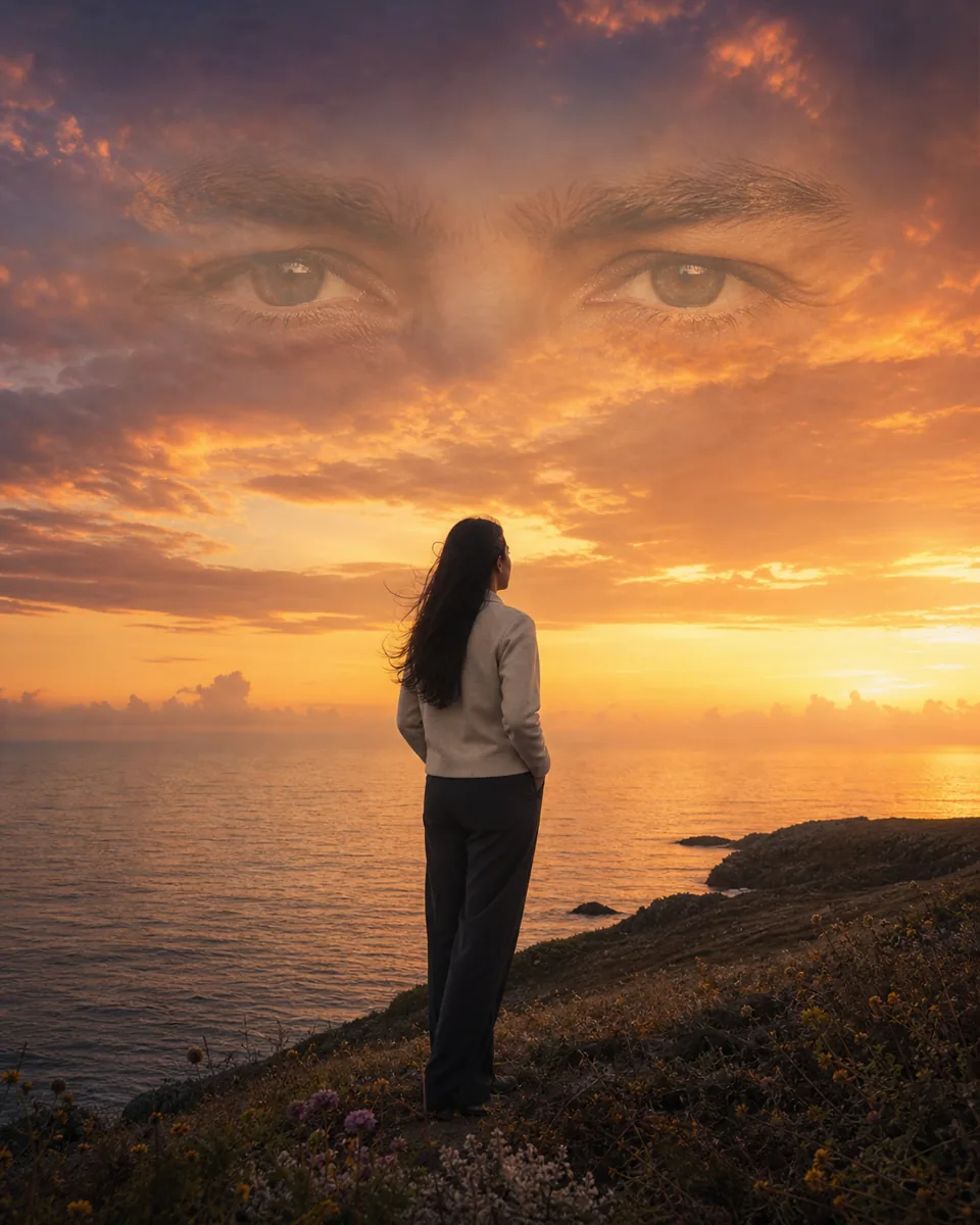 Woman on a seaside overlook beneath gentle eyes blended into warm sunset clouds